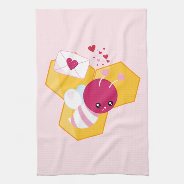 Cute Bee with Pink Valentine Hearts Kitchen Towel (Vertical)