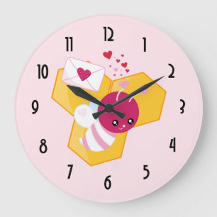 Cute Bee with Pink Valentine Hearts Large Clock