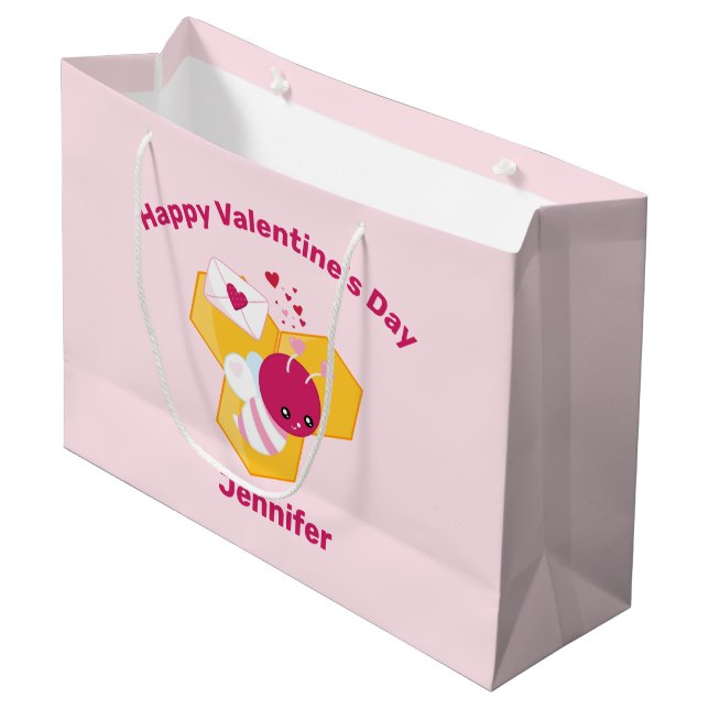 Cute Bee with Pink Valentine Hearts Large Gift Bag (Front Angled)