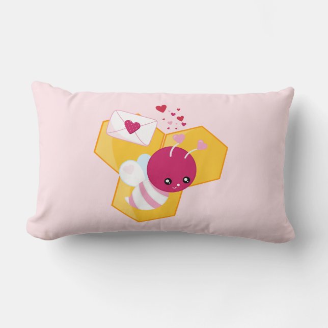 Cute Bee with Pink Valentine Hearts Lumbar Pillow (Front)
