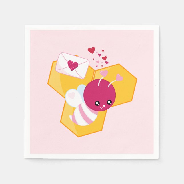 Cute Bee with Pink Valentine Hearts Napkins (Front)