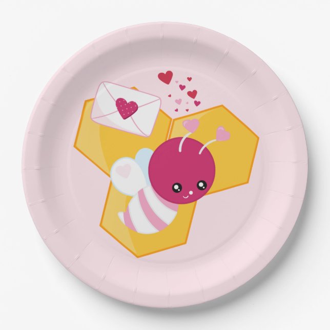 Cute Bee with Pink Valentine Hearts Paper Plates (Front)