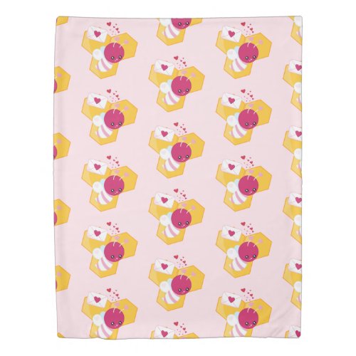 Cute Bee with Pink Valentine Hearts Pattern Duvet Cover