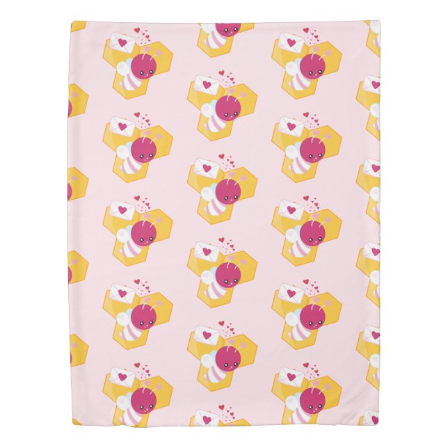 Cute Bee with Pink Valentine Hearts Pattern Duvet Cover (Front)