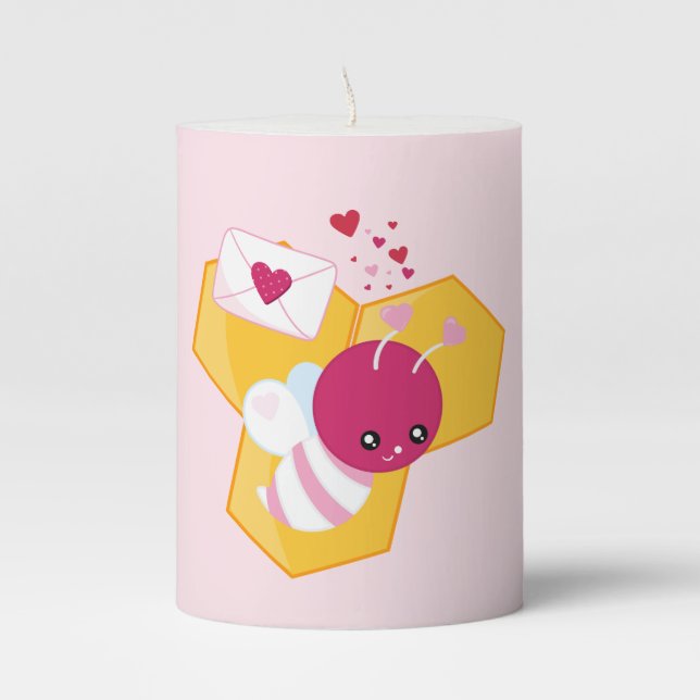 Cute Bee with Pink Valentine Hearts Pillar Candle (Front)
