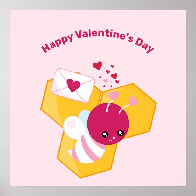 Cute Bee with Pink Valentine Hearts Poster (Front)