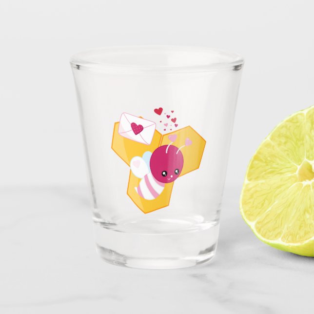 Cute Bee with Pink Valentine Hearts Shot Glass (Front)