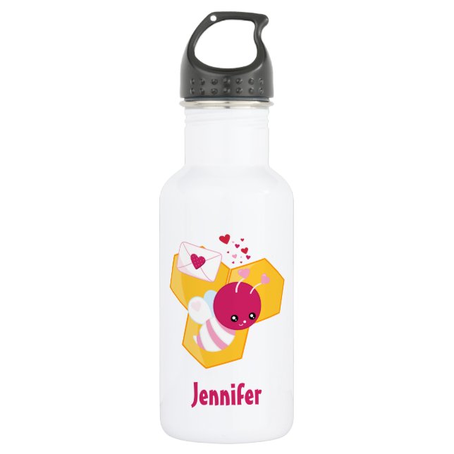 Cute Bee with Pink Valentine Hearts Stainless Steel Water Bottle (Front)
