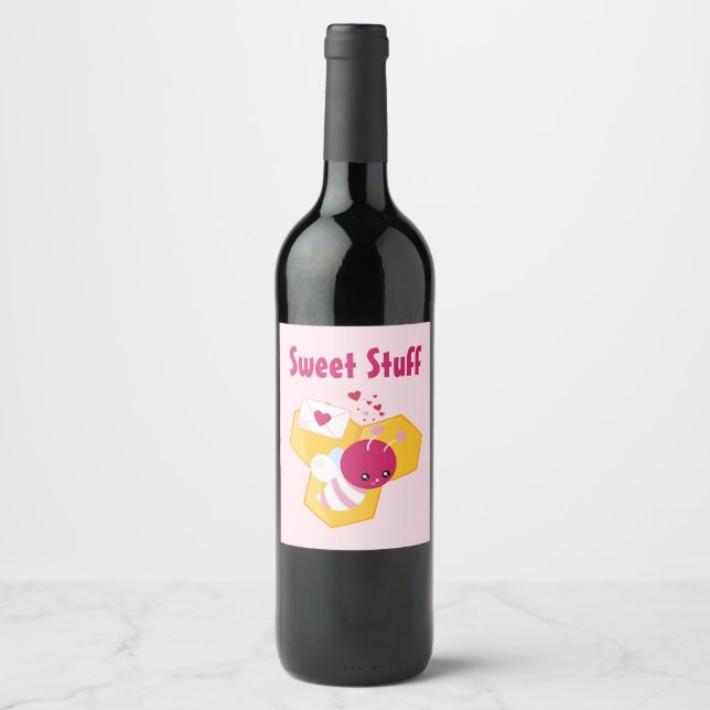 Cute Bee with Pink Valentine Hearts Sweet Stuff Wine Label (Front)
