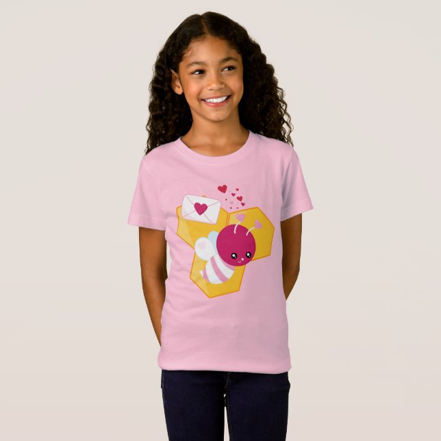 Cute Bee with Pink Valentine Hearts T-Shirt (Front Full)