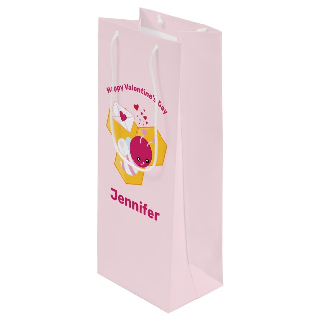 Cute Bee with Pink Valentine Hearts Wine Gift Bag (Front Angled)