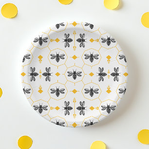 Cute Bee Yellow Honeycomb Kids Birthday Party Paper Plates