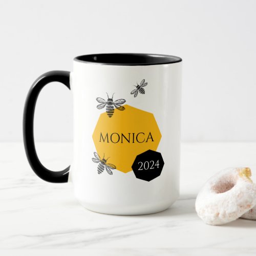 Cute Bee Yellow Honeycomb Name Year Mug for Friend