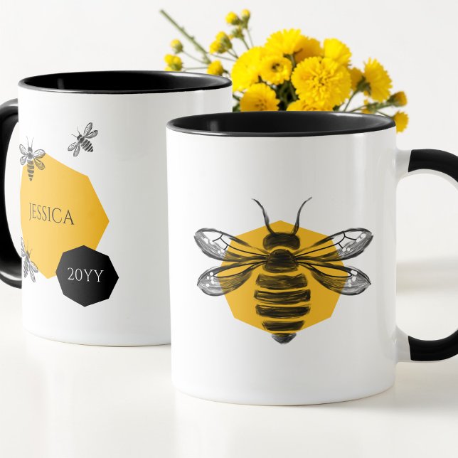 Cute Bee Yellow Honeycomb Name Year Mug for Friend (Cute Bee Yellow Honeycomb Name Year Mug for Friend)