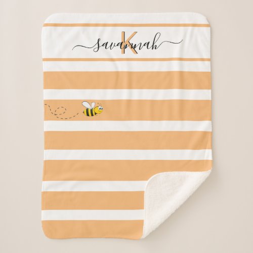 Cute bee yellow orange white stripes monogram sherpa blanket
