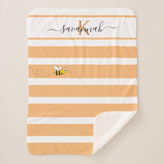 Cute bee yellow orange white stripes monogram sherpa blanket (Front)