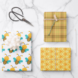 Cute Bee Yellow Plaid Honeycomb Wrapping Paper Set