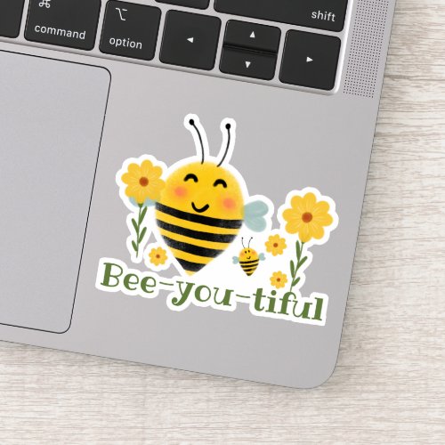 Cute Bee_you_tiful Green  Yellow Watercolor Bees Sticker