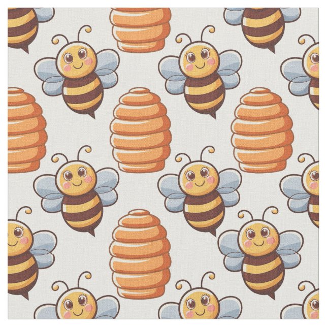 Cute Bees and Beehives –  Nature-Inspired Pattern Fabric (Close Up)