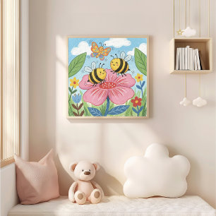 Cute Bees and Butterfly Dancing Crayon Drawing Kid Poster