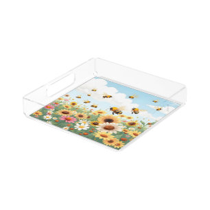 Cute bees and flowers illustration acrylic tray