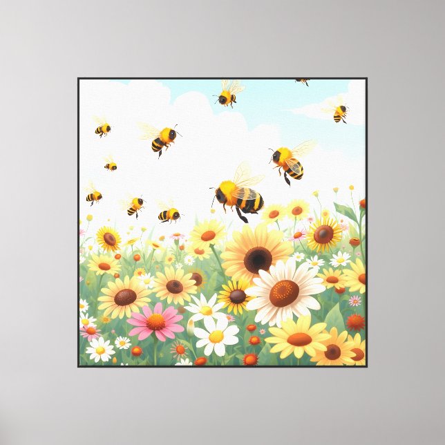 Cute bees and flowers illustration canvas print (Front)