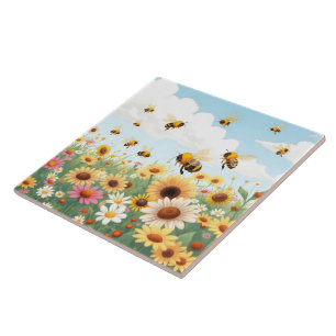 Cute bees and flowers illustration ceramic tile