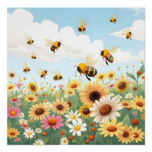Cute bees and flowers illustration poster