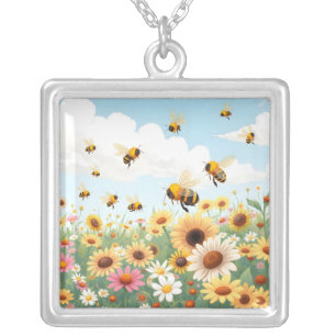 Cute bees and flowers illustration silver plated necklace