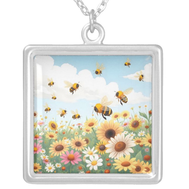 Cute bees and flowers illustration silver plated necklace (Front)