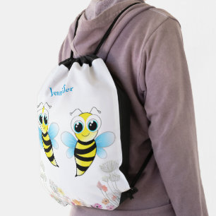 Cute Bee's and Flowers Monogrammed Drawstring Bag