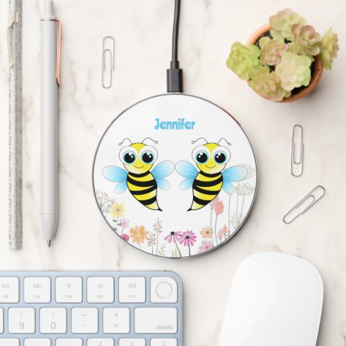 Cute Bees and Flowers Monogrammed Wireless Charger