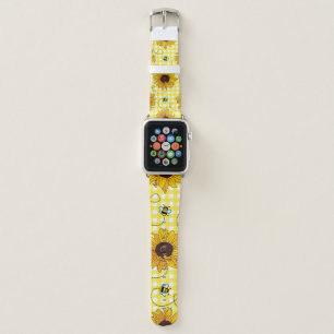 Cute bees and sunflowers on a checkered background apple watch band