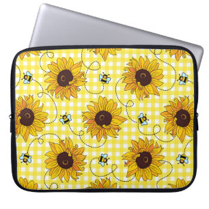 Cute bees and sunflowers on a checkered background laptop sleeve