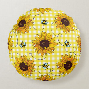 Cute bees and sunflowers on a checkered background round pillow