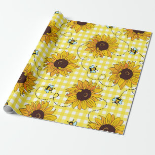 Cute bees and sunflowers on a checkered background wrapping paper