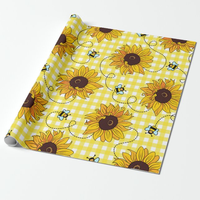 Cute bees and sunflowers on a checkered background wrapping paper (Unrolled)