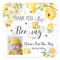 Cute Bees Bee Floral 1st Birthday Favor Photo Square Sticker