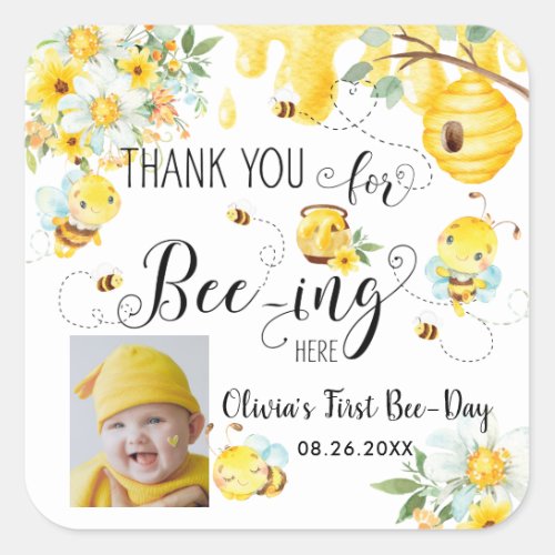 Cute Bees Bee Floral 1st Birthday Favor Photo Square Sticker