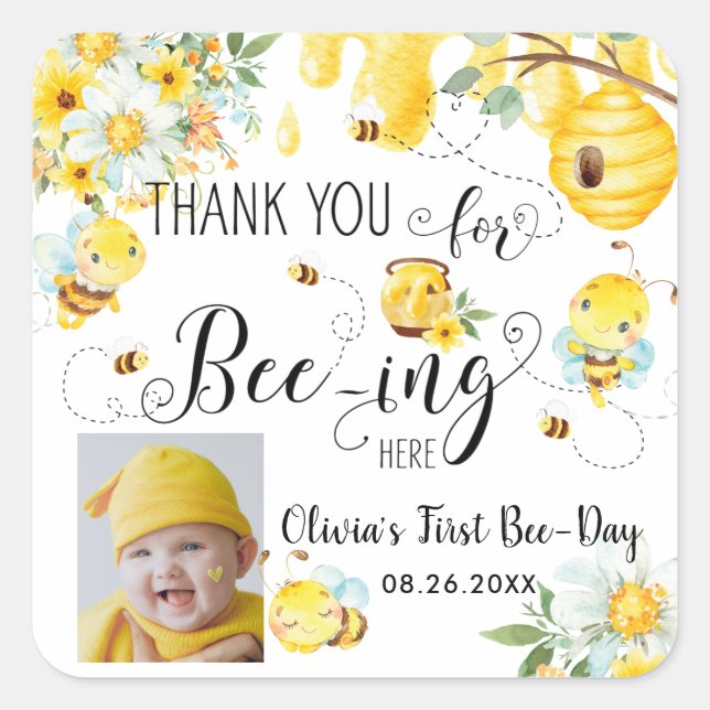 Cute Bees Bee Floral 1st Birthday Favor Photo Square Sticker (Front)