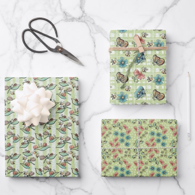 Cute Bees, Butterflies, Flowers and Ladybugs Wrapping Paper Sheets (Front)