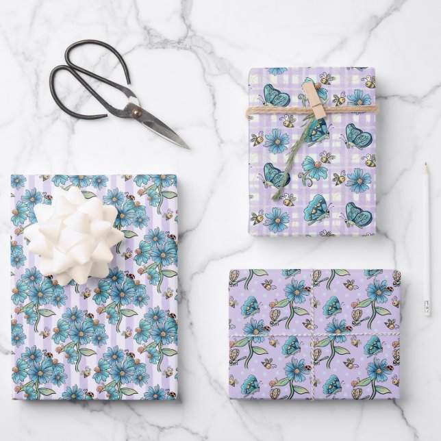Cute Bees, Butterflies, Flowers and Ladybugs Wrapping Paper Sheets (Front)