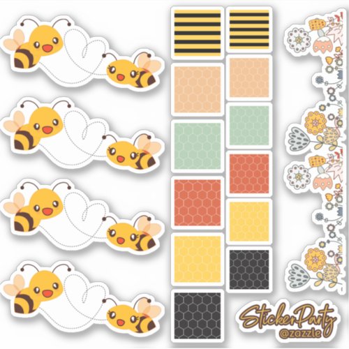 Cute Bees Flowers  Honeycomb Sticker Set