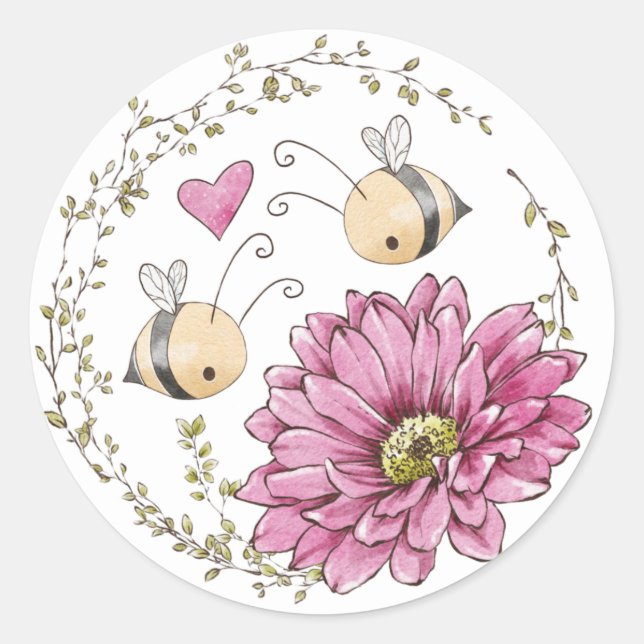 Cute Bees Heart Flower Sticker (Front)