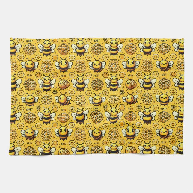 🐝 Cute Bees Honeycomb Kitchen Decor 🌼 Towel (Horizontal)