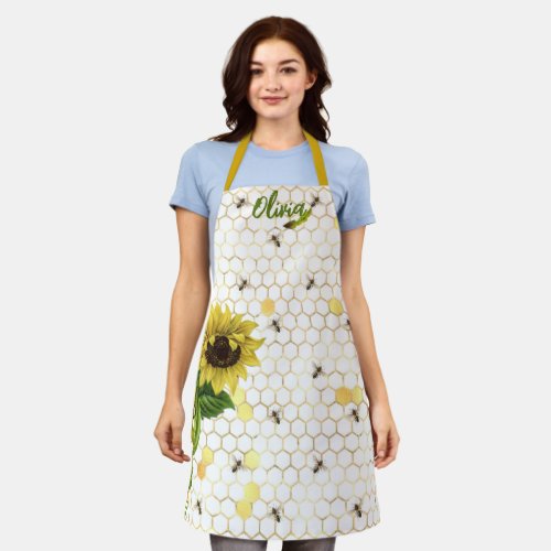Cute Bees on Beehivs Sunflower White Chef Womens A Apron