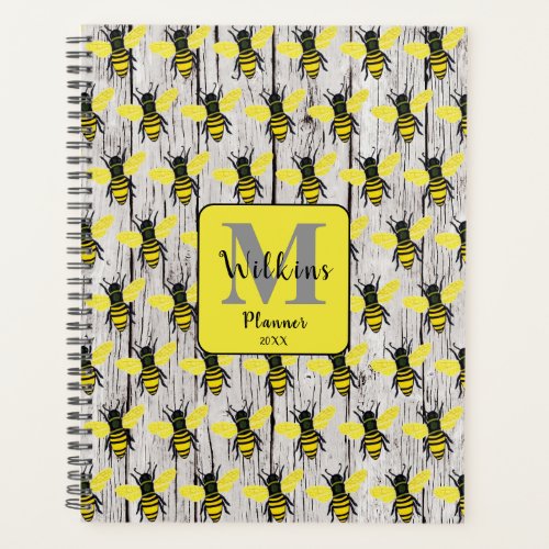 Cute Bees on Wooden Fence Personalized Monogram Planner