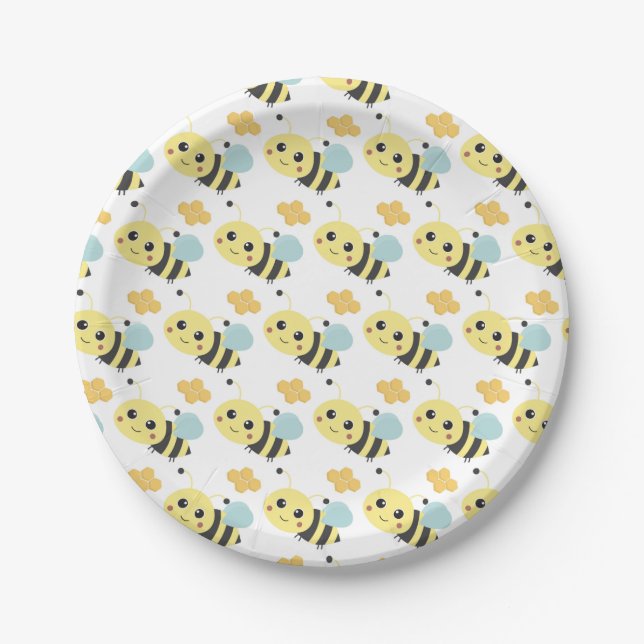 Cute Bees Pattern Adorable Bee-Themed Party Paper Plates (Front)