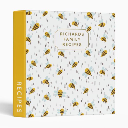 Cute Bees Pattern Cookbook Family Recipe 3 Ring Binder