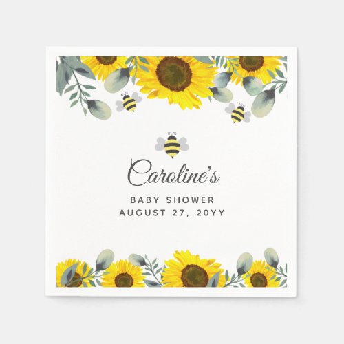 Cute Bees  Sunflowers Eucalyptus Baby Shower Napkins